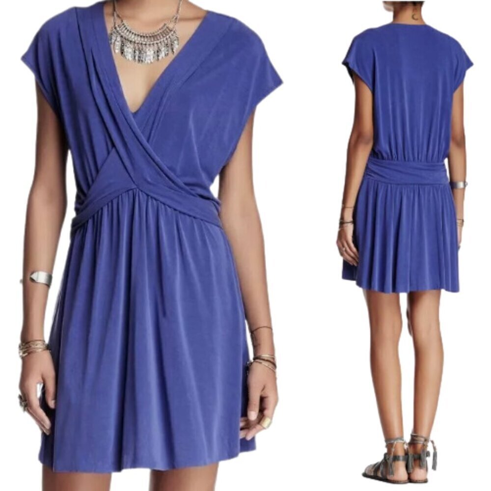 Free People Cupro Mini Dress Women's Small Blue Sleeveless V-Neck Vacation Flowy